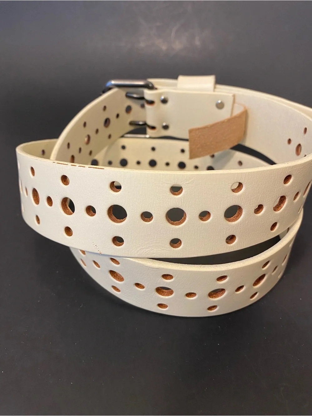 CAbi Cream Leather Perforated Belt Gunmetal Two-Prong Buckle